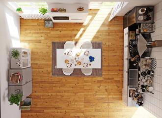 Top view of the modern kitchen room