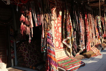 Fototapeta na wymiar The exterior of an old traditional Turkish carpet shop in cappadocia, goreme,in turkey