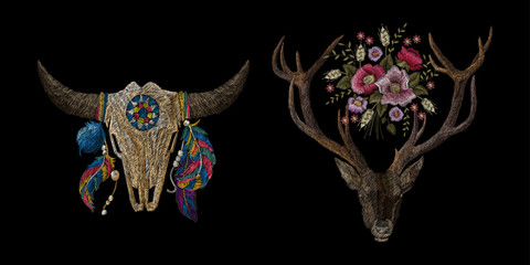 skull of a cow with feathers, deer with flowers. Traditional folk stylish stylish embroidery on the black background. Sketch for printing on fabric, clothing, bag, accessories and design. Trend vector