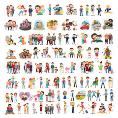 Fototapeta na wymiar set of happy family, people, with their suitcases family, dinner ,mom reads a story to children, large, Muslim, fashion illustration, stylish teenagers, friendship , vector