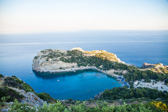 View from top on Anthony Quinn Bay and beach, Rhodes in Faliraki, Greece.Beautiful beach and bay on the island of Rhodes.
