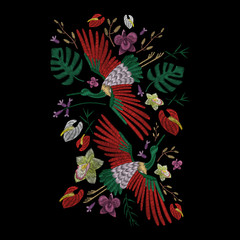 Crane bird, flowers, rose, plant. Traditional folk stylish stylish embroidery on the black background. Sketch for printing on clothing, fabric, bag, accessories and design. Vector, trend