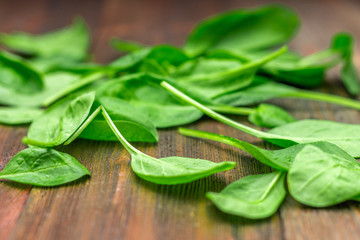 Fototapeta premium Fresh juicy spinach leaves on a wooden brown table. Natural products, greens, healthy food, vitamins.