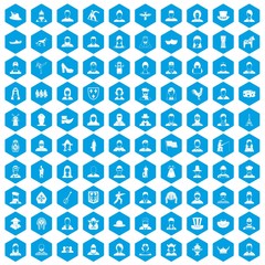 100 folk icons set blue