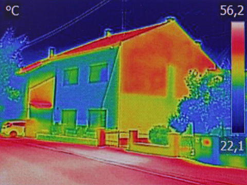 Infrared thermovision image showing lack of thermal insulation on Residential building