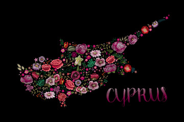 Cyprus maps. Traditional folk stylish stylish floral embroidery on the black background. Sketch for printing on clothing, fabric, accessories, bag and design. Trend, vector