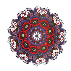 Drawing of a floral mandala in red, violet and brown colors on a white background. Hand drawn tribal vector stock illustration