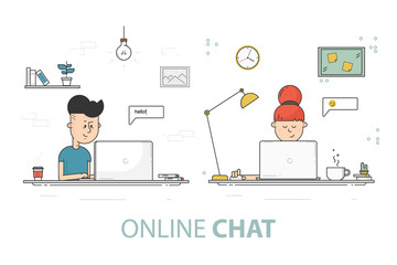 Online chat flat design vector illustration. Young girl and boy with laptop. Social network communication concept.