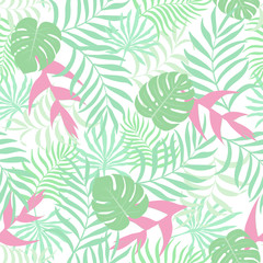 Fototapeta na wymiar Tropical background with palm leaves and flowers. Seamless floral pattern