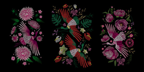 Crane bird, flowers, rose, rose-hip, plant. Traditional folk stylish stylish embroidery on the black background. Sketch for printing on clothing, fabric, bag, accessories and design. Vector, trend