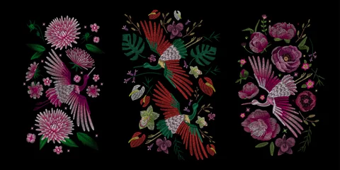 Abwaschbare Fototapete Crane bird, flowers, rose, rose-hip, plant. Traditional folk stylish stylish embroidery on the black background. Sketch for printing on clothing, fabric, bag, accessories and design. Vector, trend © chikovnaya