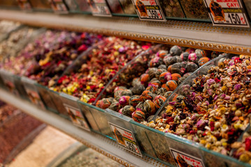 Flower teas. The Egyptian Bazaar. Istanbul. Turkey. May 2017
