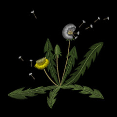 Obraz premium dandelion. Traditional folk stylish stylish floral embroidery on the black background. Sketch for printing on clothing, fabric, accessories, bag and design. Trend, vector