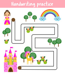 Fototapeta premium Handwriting practice sheet. Educational children game, printable worksheet for kids. Help princess find road to castle