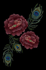 Peacock feather and red rose. Traditional folk stylish stylish floral embroidery on the black background. Sketch for printing on clothing, fabric, bag, accessories and design. Vector, trend