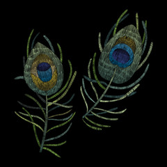 Peacock feather. Traditional folk stylish stylish floral embroidery on the black background. Sketch for printing on clothing, fabric, bag, accessories and design. Vector, trend
