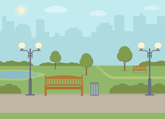 Public park in the city. Summer landscape background. Vector illustration.
