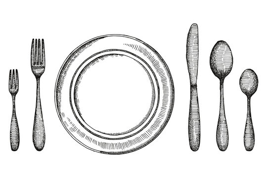 Plate knife fork and spoon and a plate sketch. Cutlery set Vintage vector illustration