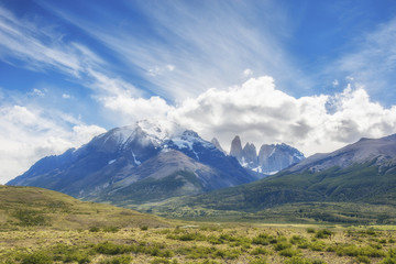 Torres del Paine National Park at the sunny day, Patagonia, Chile
