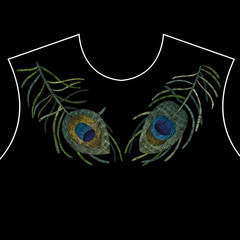 Peacock feather. Traditional folk stylish stylish floral embroidery on the black background. Sketch for printing on clothing, fabric, bag, accessories and design. Vector, trend