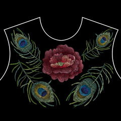 Peacock feather and red rose. Traditional folk stylish stylish floral embroidery on the black background. Sketch for printing on clothing, fabric, bag, accessories and design. Vector, trend