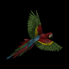Parrot ara and dahlia flower.  Traditional folk stylish stylish embroidery on the black background. Sketch for printing on fabric, clothing, bag, accessories and design. Trend vector