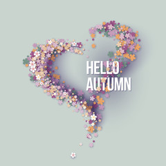 Hello autumn title texts poster design with frame flowers heart shaped. Fall background. Vector illustration