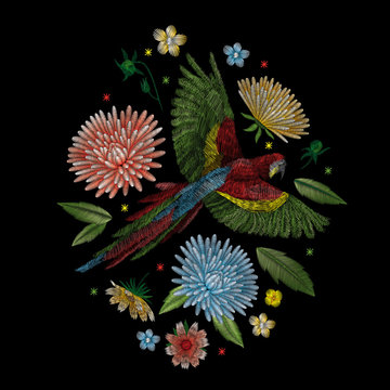 Parrot ara and dahlia flower.  Traditional folk stylish stylish embroidery on the black background. Sketch for printing on fabric, clothing, bag, accessories and design. Trend vector