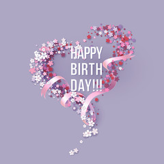 Colorful Paper cut Floral Greeting card. Happy birthday title texts poster design. Frame flowers heart shaped. Trendy Design Template. Vector illustration