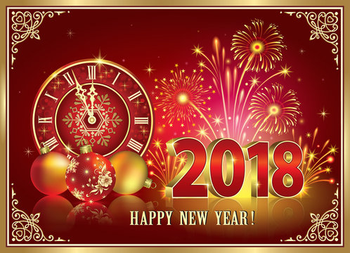  New Year 2018. Postcard with clock and fireworks on red background 