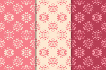 Set of floral ornaments. Cherry pink vertical seamless patterns
