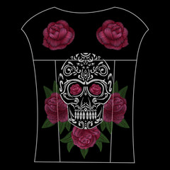 Skull and red roses. Traditional folk flower stylish embroidery on the black background. Sketch for printing on fabric, clothing, bag, accessories and design. Vector, trend