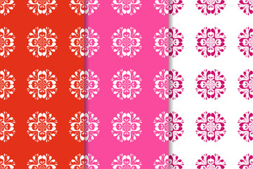 Set of red and white floral ornaments. Vertical seamless patterns