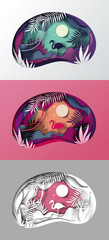 Fototapeta premium set the Slice of paper, origami, tropical landscape. Sun, silhouette of nature flamingo, vector