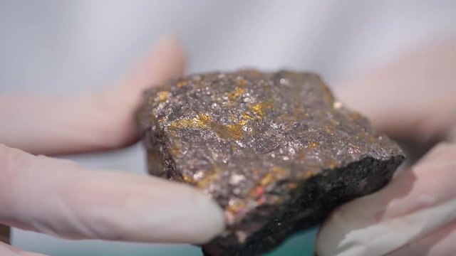 Female hands in white gloves holding stone mineral. Stone macro, gray rough stone. Fluorite mineral stone, fluorite mineral stone. Scientist studying the stone material close up