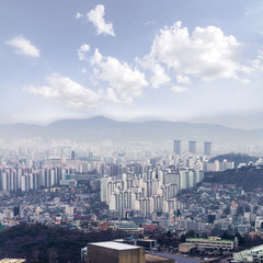 Seoul cityscapes, skyline, office building and skyscrapers in Seoul city, Korea, in mist winter season
