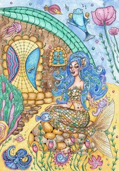 Cute singing mermaid with blue hairs illustration