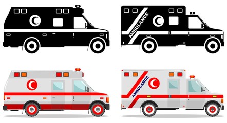 Medical concept. Different kind muslim car ambulances isolated on white background in flat style: colored and black silhouette. Vector illustration.