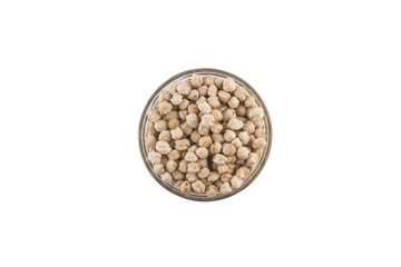 Chickpeas into a glass bowl. Top view photo