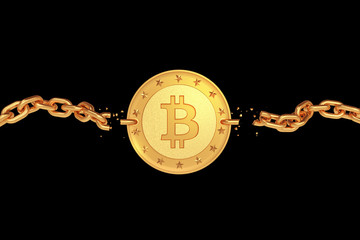 Golden coin bitcoin with broken chains. Dark isolated background. 3d render