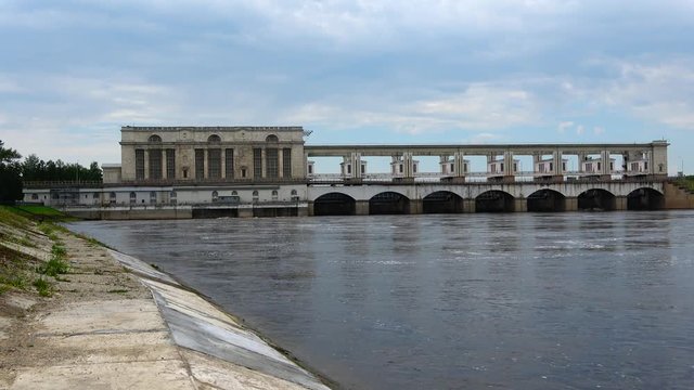 Uglich hydroelectric power station, cloud july afternoon. Uglich, Russia