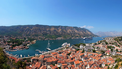 Panoramic aerial view of the Kotor bay in Montenegro for Widescreen Ultra HD 4K monitors and TVs