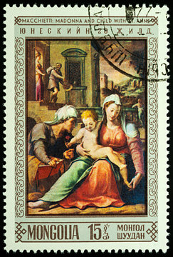 Painting "Madonna with Child and Saint Anna" by Macchietti on postage stamp