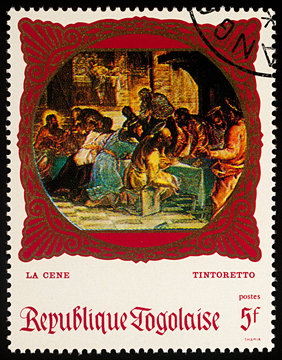 Painting "The Last Supper" by Tintoretto on postage stamp