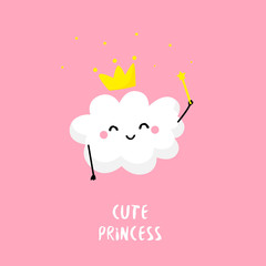 Cute cloud princess with a magic wand. Flat style. Vector card.