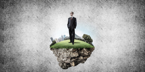 Confident boss and modern city as concept of eco green construct