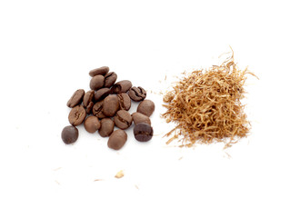 dry tobacco and coffee beans, adiction concept