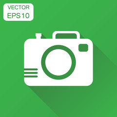Camera photographer icon. Business concept photography camera pictogram. Vector illustration on green background with long shadow.
