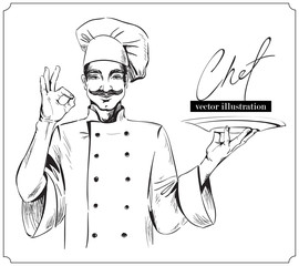 Smiling and happy chef with plate. Vector hand drawn illustration on white background.