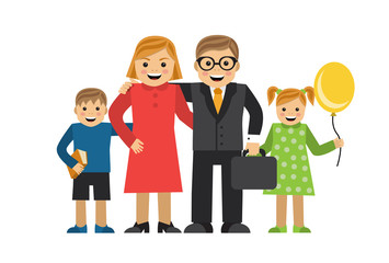 Happy cartoon family
 Mom Dad daughter and son are hugging each other